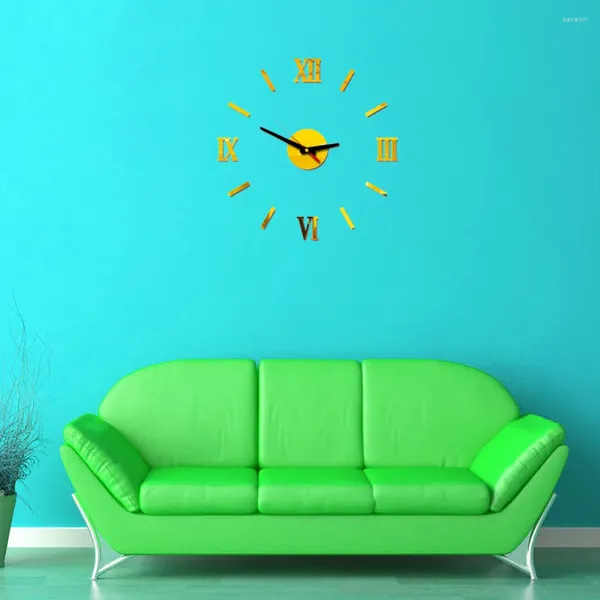 Horloges murales sans cadre 3D bricolage horloge chiffres romains autocollant de conception muette pour bureau maison chambre