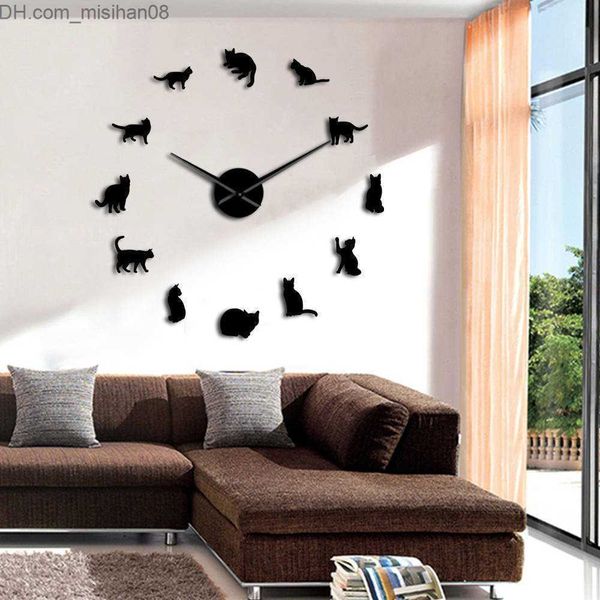 Horloges murales sans cadre chats Silhouette Art mural horloge montre chatons 3D bricolage horloge murale forme de chat ludique grandes aiguilles fille chambre Kit décoration 201202 Z230705