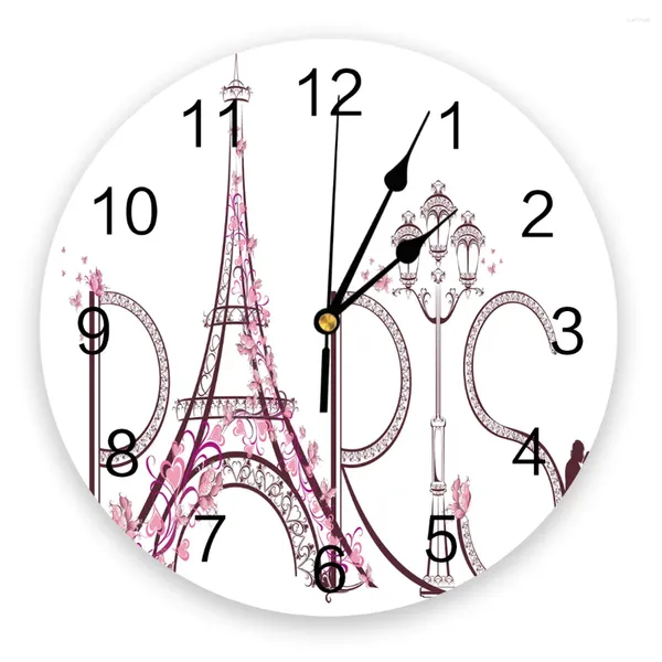Relojes de pared Francia París Torre Eiffel Rosa Blanco Decorativo Reloj Redondo Diseño Personalizado Sin tictac Dormitorios Silenciosos Grandes