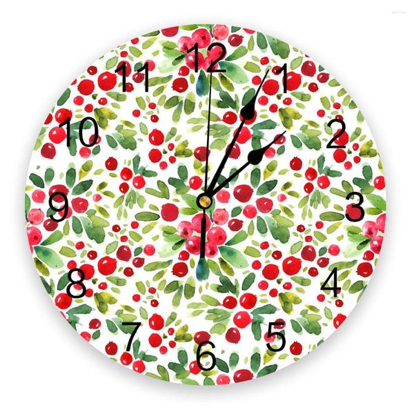 Relojes de pared fruta rojo cereza hojas verdes reloj de acuarela diseño moderno reloj colgante para decoración del hogar arte de sala de estar