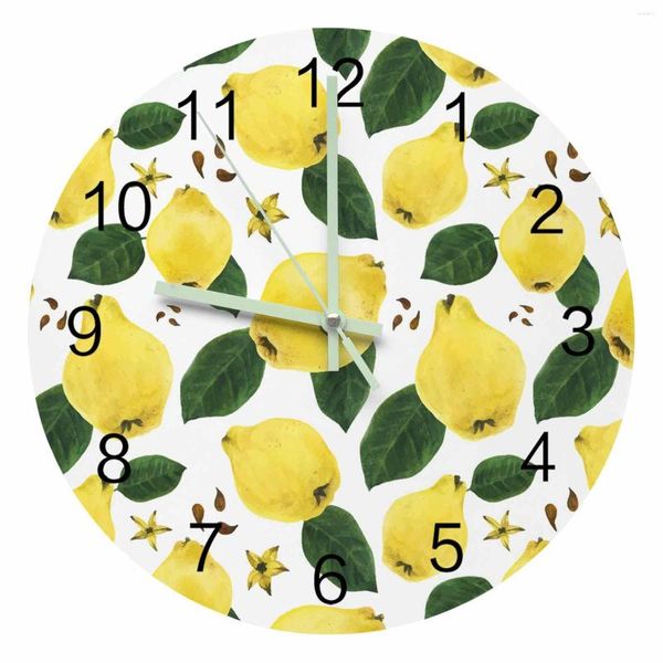 Relojes de pared fruta amarillo pera hoja verde puntero luminoso reloj adornos para el hogar redondo silencioso sala de estar dormitorio Oficina Decoración