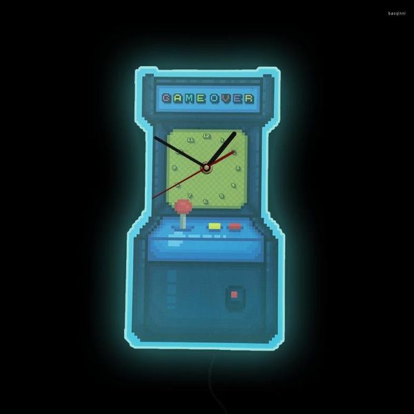 Relojes de pared Juego sobre máquina de Arcade Vintage, reloj con luz nocturna LED, decoración para sala de juegos, reloj con señal de pantalla eléctrica para juegos de píxeles