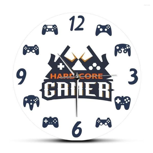 Relojes de pared Gamer Logo Hardcore Impreso Acrílico Cuarzo Diseño moderno Videojuego Gamepad Mute Reloj colgante redondeado