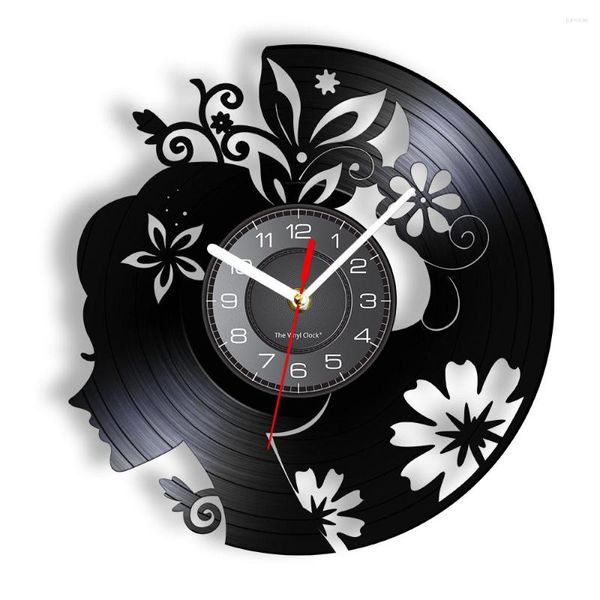 Horloges murales fille avec Floral cheveux Art belle dame horloge décor à la maison montre mode fleurs Record