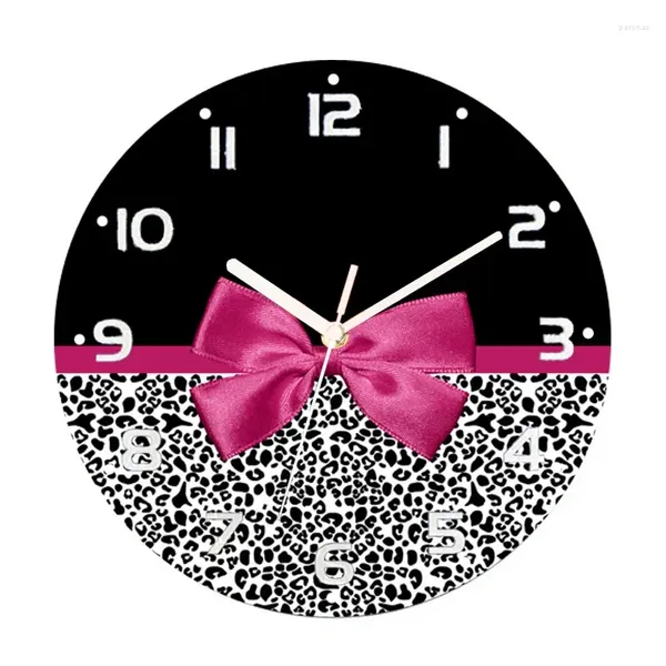 Relojes de pared con estampado de leopardo y cinta rosa para sala de estar, reloj redondo moderno de guepardo, decoración grande para el hogar