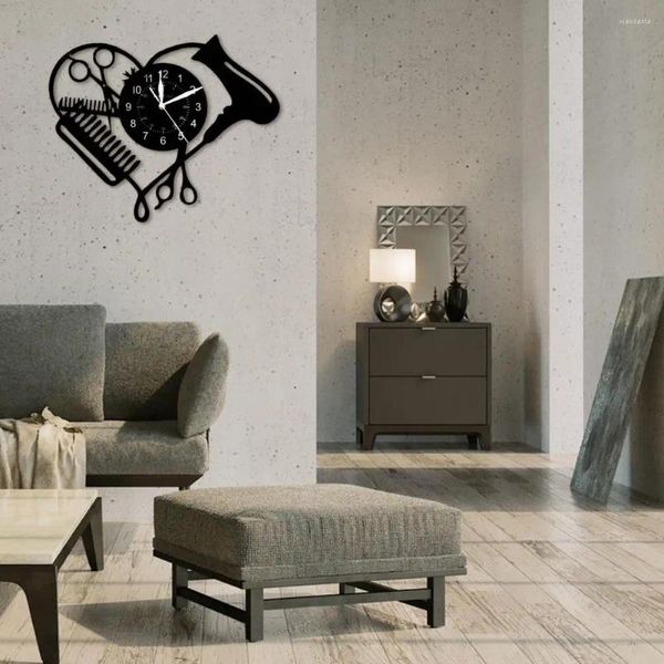 Relojes de pared Reloj glamoroso Peluquería vibrante con tijeras Patrón de peine Salón personalizado Tiempo temático para el dormitorio