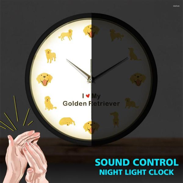 Orologi da parete Golden Retriever Cartoon Dog Pet Sound attivato Orologio a emissione luminosa Gundog Orologio con controllo vocale Lampada a LED