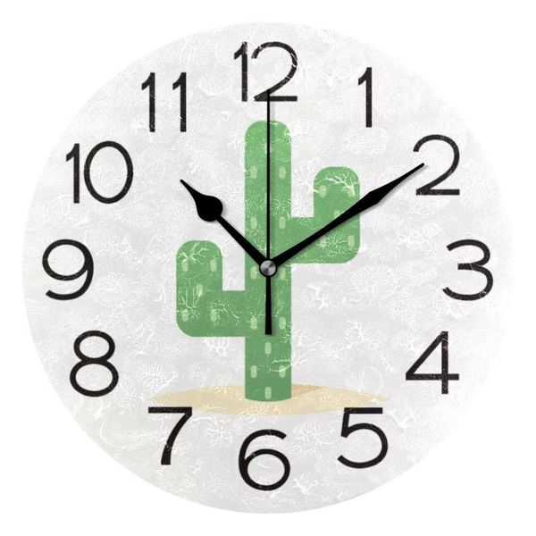 Horloges Murales Cactus Vert Conception Simple Horloge Ronde Silencieuse Non Coutil Décoratif Montre Suspendue Pour La Maison Bureau École ArtHorloges Murales