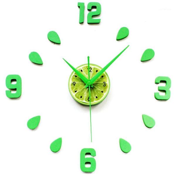 Relojes de pared Etiqueta de diseño verde EVA 60 CM Reloj Color Grande Grande Decorativo 3D Diy para cocina Habitación de niños-Verde1