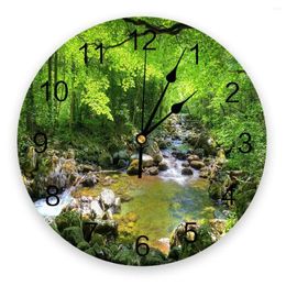 Corloges murales Green Forest River Round Clock Creative Home Decor Living Room Quartz Needle Hanging Watch