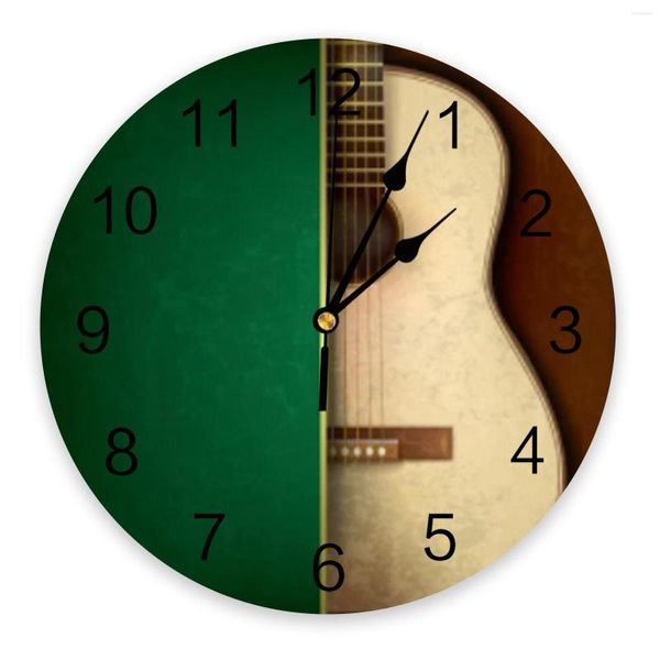 Horloges murales guitare rétro Instrument de musique vert PVC horloge numérique Design moderne salon décor grande montre muet suspendu