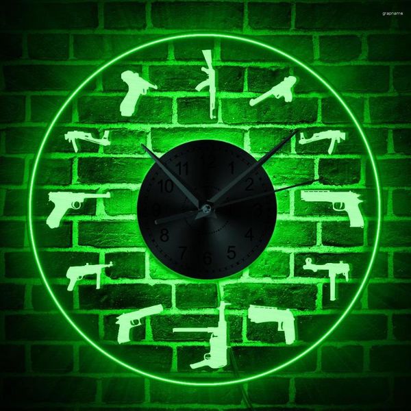 Relojes de pared pistolas reloj familiar acrílico diseño moderno razas decoración del hogar luz de noche Led reloj regalo para soldado