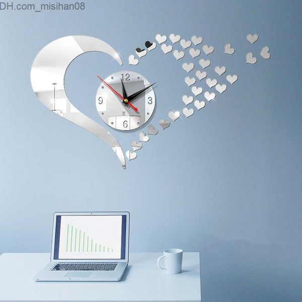 Horloges murales combinaison en forme de coeur horloge murale autocollant acrylique miroir numérique décoration utilisée pour décorer le mur de fond du porche du salon Z230711