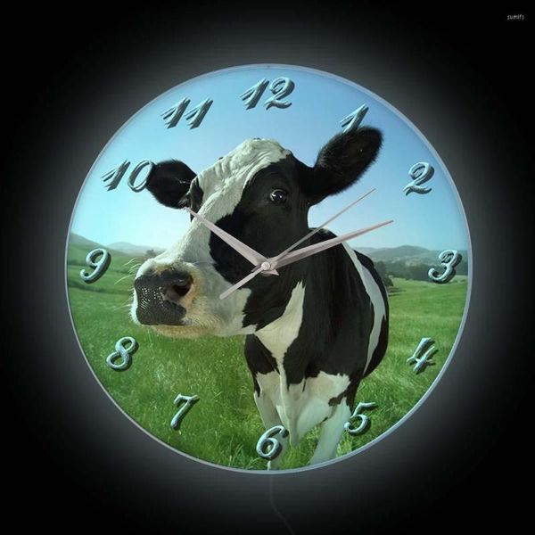 Horloges murales Highland vache vaches laitières LED veilleuse horloge Mistal grange ferme lumineux néon signe couleur changeante lueur dans