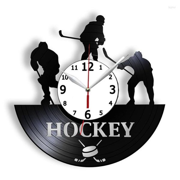 Horloges murales Bâton de hockey Vinayl Clock Play Télécommande Re-purposed Montre sans tic-tac pour les fans de football sur glace