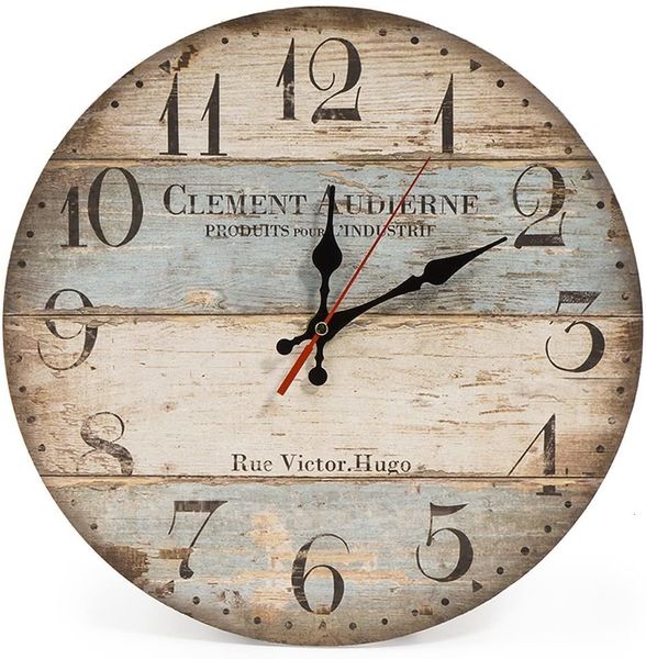 Relojes de pared para el hogar, relojes de pared redondos de madera vintage silenciosos de 12 pulgadas, números arábigos, decoración elegante rústica Vintage, reloj de pared mecánico para sala de estar 230301
