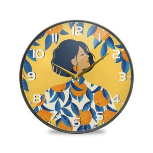 Wandklokken Home Acryl Stille ronde wandklok Lemon Girl afdrukken Hangcirkel Wall horloge batterij bediende niet-knipperende rustige bureau klok 230310