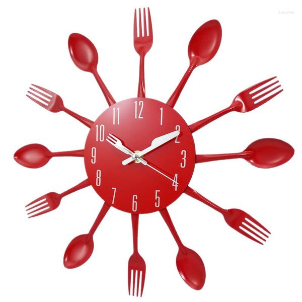 Relojes de pared Decoraciones para el hogar Cubiertos de acero inoxidable silencioso Cuchillo y tenedor Cuchara Reloj Cocina Restaurante Decoración Rojo