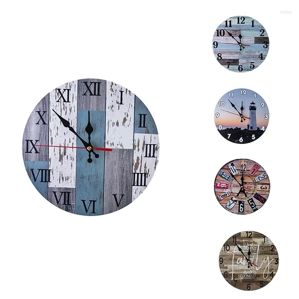 Relojes de pared Hogar Silencioso Reloj redondo de madera Números árabes Vintage Rústico Chic Decoración Mecánico Living Roo