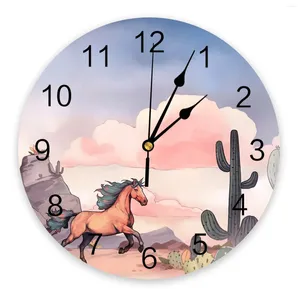 Horloges murales Cheval Cactus Nuages Horloge Grande Cuisine Moderne Salle À Manger Chambre Ronde Montre Suspendue Silencieuse