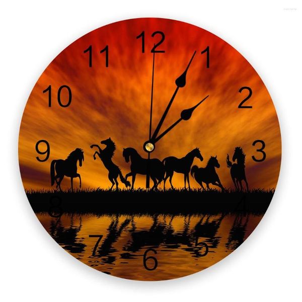 Relojes de pared caballos puesta de sol lago paisaje reloj decoración del hogar dormitorio reloj silencioso Digital para habitaciones de niños