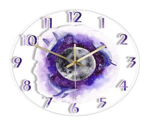 Horloges murales baleines à bosse avec la lune imprimée horloge acrylique pour les montres d'art fantastique violet pour le salon quartz silencieux3295876