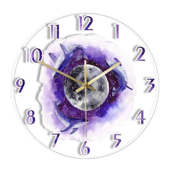 Horloges murales Baleines à bosse avec la lune Horloge acrylique imprimée Violet Fantasy Artwork Montres pour salon Quartz silencieux287a