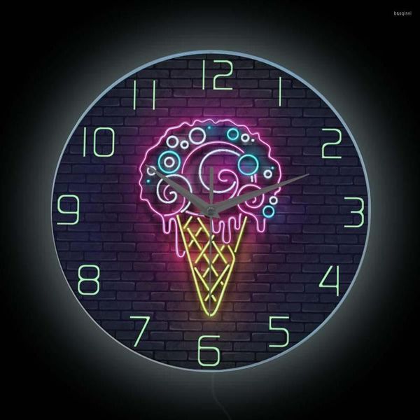 Horloges murales Crème glacée Brillant Neon Light Imprimer Horloge pour magasin Décor Dessert Ice-Cremorning Cone LED Signe