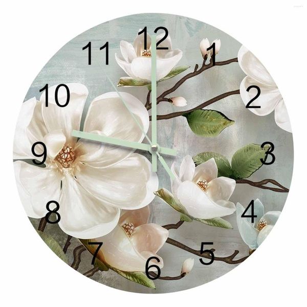 Horloges murales fleurs blanches idylliques fond Vintage pointeur lumineux horloge maison ornements rond silencieux salon décor