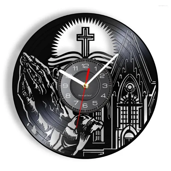 Horloges murales dans le temps de Dieu écriture Bible croix horloge prière mains enregistrement LP jésus chrétien religieux spirituel cadeau