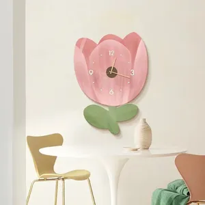 Horloges murales Ins Rose Tulip Fleur Forme Slient Horloge En Bois Dessin Animé Créativité Mode Montres Salon Décor À La Maison Enfants Cadeau