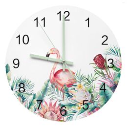 Horloges murales Ins Style Plantes tropicales Fleurs Flamants Rondes Aiguilles lumineuses Horloge Décor Chambre Suspendue Ornements Silencieux