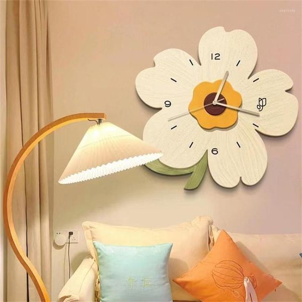 Relojes de pared Ins, reloj con forma de flor de tulipán y girasol, relojes creativos de madera con dibujos animados, relojes de moda para sala de estar, decoración del hogar, regalo para niños