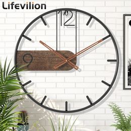 Wandklokken IJzeren klok groot formaat 3D Scandinavisch metaal rond groot horloge walnoot Pionter moderne decoratie voor thuis woonkamer 231122