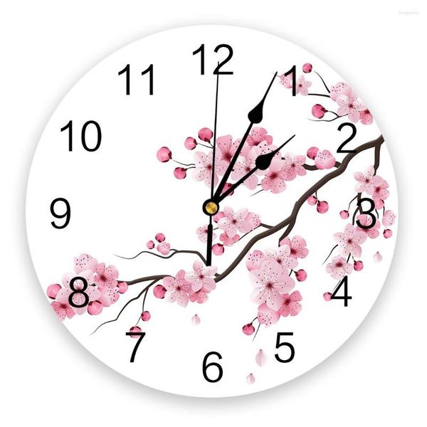 Relojes de pared Reloj decorativo silencioso con flor de cerezo japonés, operado digitalmente, redondo, para el hogar, la oficina y la escuela