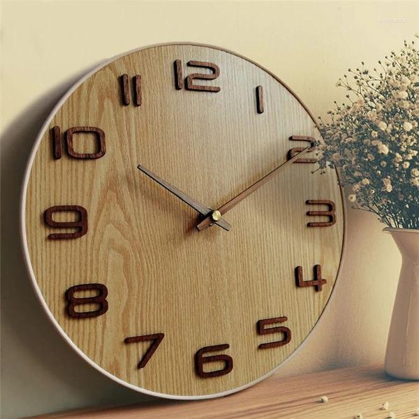 Relojes de pared Reloj de madera silencioso de 10 pulgadas de estilo japonés Reloj de cuarzo de madera maciza Colgante Decoración moderna para el hogar Sala de estar Dormitorio