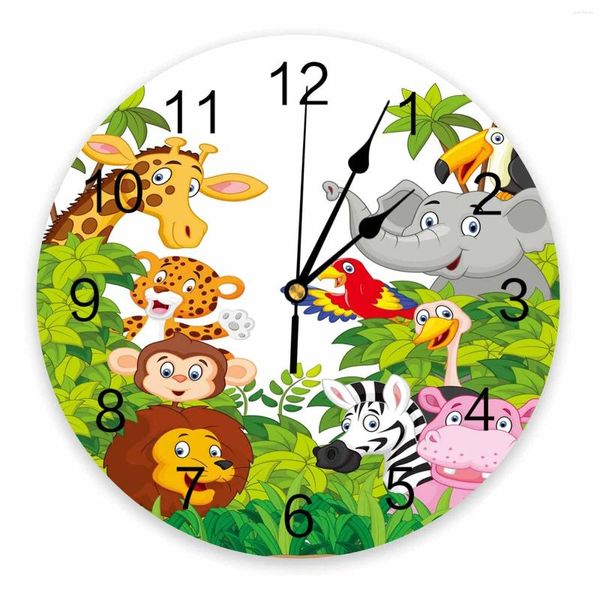 Relojes de pared Selva Bosque Animal Viñetas Jirafa León Cebra Elefante Decorativo Reloj Redondo Sin tictac Habitación Silenciosa Grande