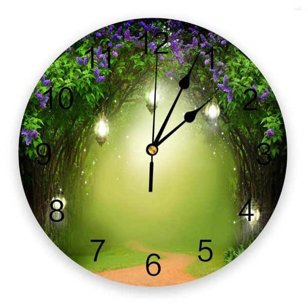 Relojes de pared Jungle Lantern Flor púrpura Naturaleza Reloj redondo Colgando Tiempo silencioso Interior del hogar Dormitorio Sala de estar Oficina Decoración