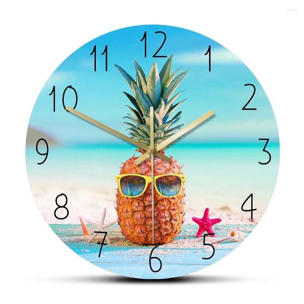 Relojes de pared Kawai Piña con reloj de gafas de sol para cocina Comedor Fruta tropical Verano Decoración costera Reloj junto al mar