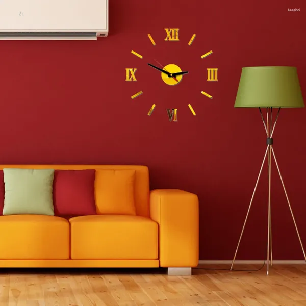 Horloges murales Grand 3D DIY Horloge sans cadre Big Chiffres romains Miroir pour salon Chambre à coucher Accueil