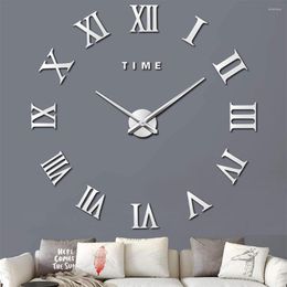 Horloges murales Grande horloge de bricolage 3D chiffres romains géants miroir sans cadre grande décoration pour la maison salon chambre