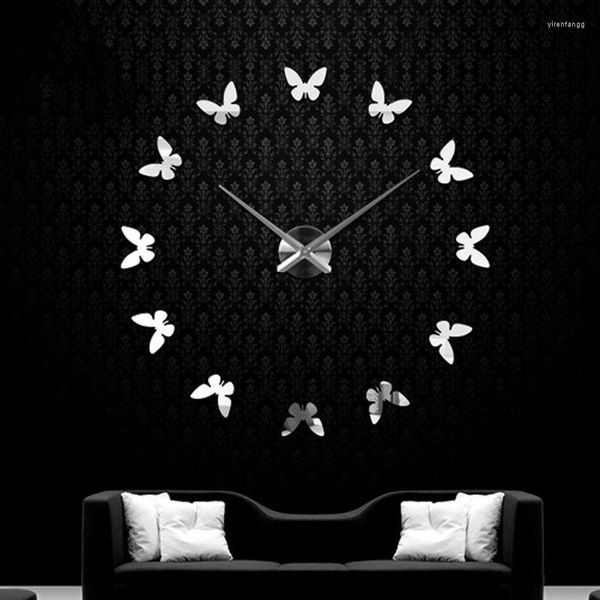 Horloges murales grande horloge sans cadre 3D 47 pouces moderne silencieux bricolage papillon miroir autocollant pour salon chambre bureau décor