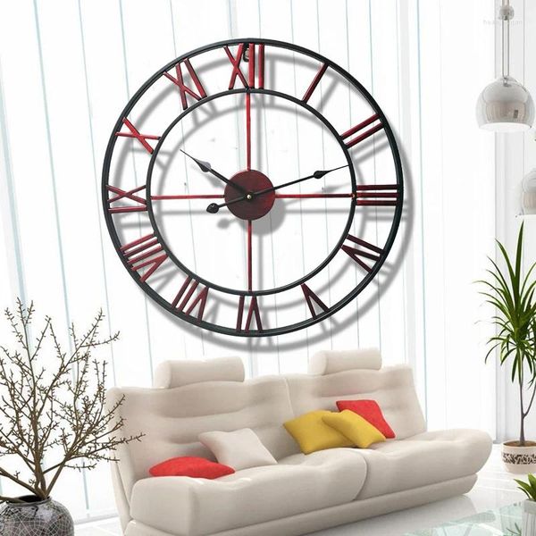 Relojes de pared Grandes números romanos 3D Retro Redondo Metal Hierro Preciso Silencioso Nórdico Colgante Adorno Decoración de la sala de estar