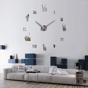 Horloges murales Grand miroir acrylique autocollants horloge montre 3D bricolage art décoratif pour cuisine chiffres romains modernes