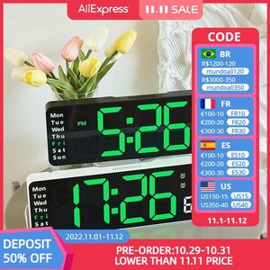 Digital Wall Clock, Remote Control, Large LED Display, Temperature, Date, Week, Power-Off Memory, Dual Alarms, Table/Wall Mount, Black