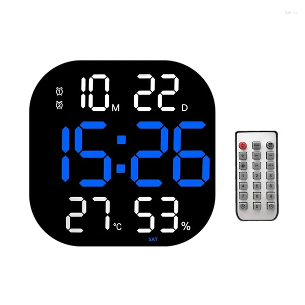 Relojes de pared Reloj digital LED grande Control remoto Temperatura Fecha Semana Pantalla Brillo ajustable Alarmas de mesa Azul