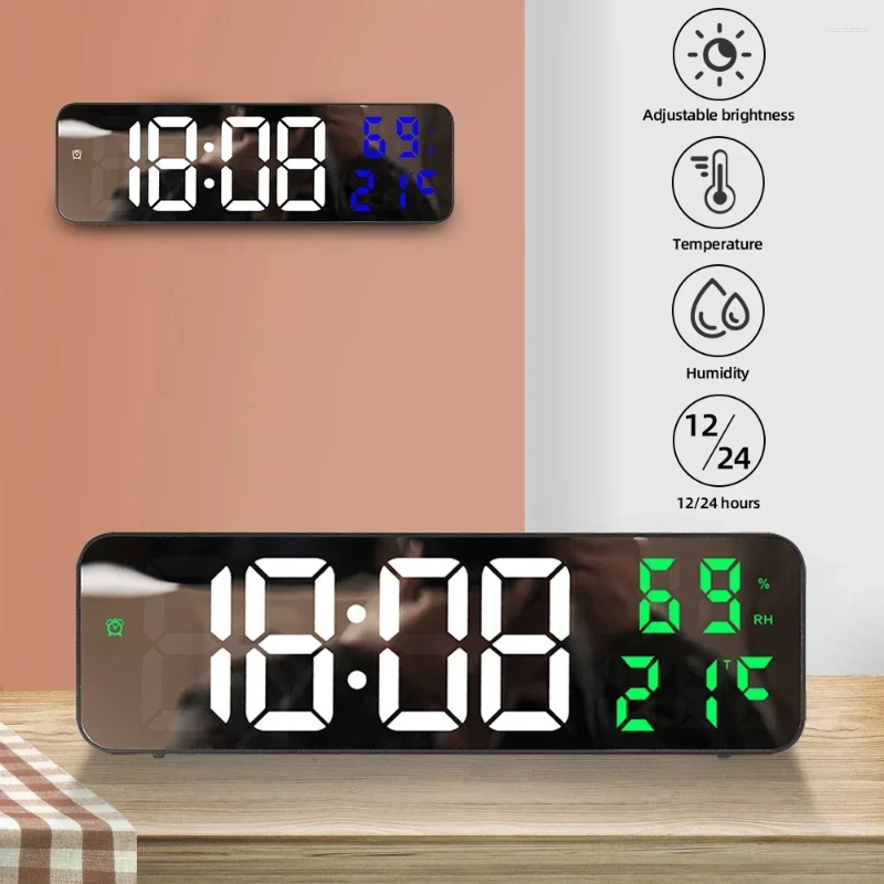 Wall Clocks Large LED Digital Clock With Temperature Humidity Date Display Alarms 12/24Hour Mode Battery Powered Table