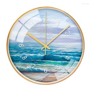 Horloges murales grande horloge en métal doré moderne silencieux décor à la maison créatif bleu bord de mer cuisine Duvar Saati cadeau