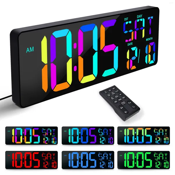 Relojes de pared Pantalla grande LED Reloj digital RGB Cambio de color Temporizador de cuenta regresiva con control remoto Alarma de brillo ajustable S