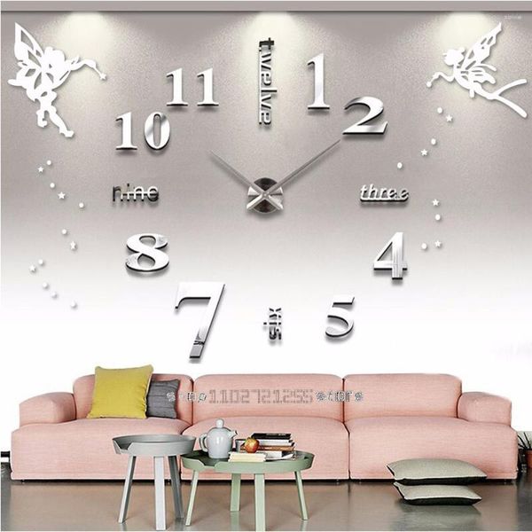 Horloges murales grandes silencieuses acryliques auto-adhésifs bricolage 3d Horloge numérique autocollant ange anglais lettres